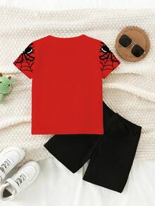 1 Set Baby Boys' Casual Fashionable Creative Personalized Refreshing Minimalist Heart & Spider Web Print Short Sleeve T-Shirt And Shorts Set, Comfortable Daily Wear, Cozy Summer Styles Suitable For Spring And Summer Toddler Boy Clothes Summer Sets Gothic Baby Boy Clothes - Multicolor - View 2