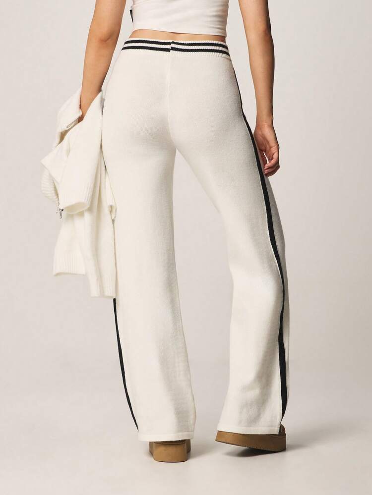 Missguided x Playboy Cream Knitted Wide Leg Pants With Contrast Black Side Stripe And Varsity Number Print Detail For Casual Comfort