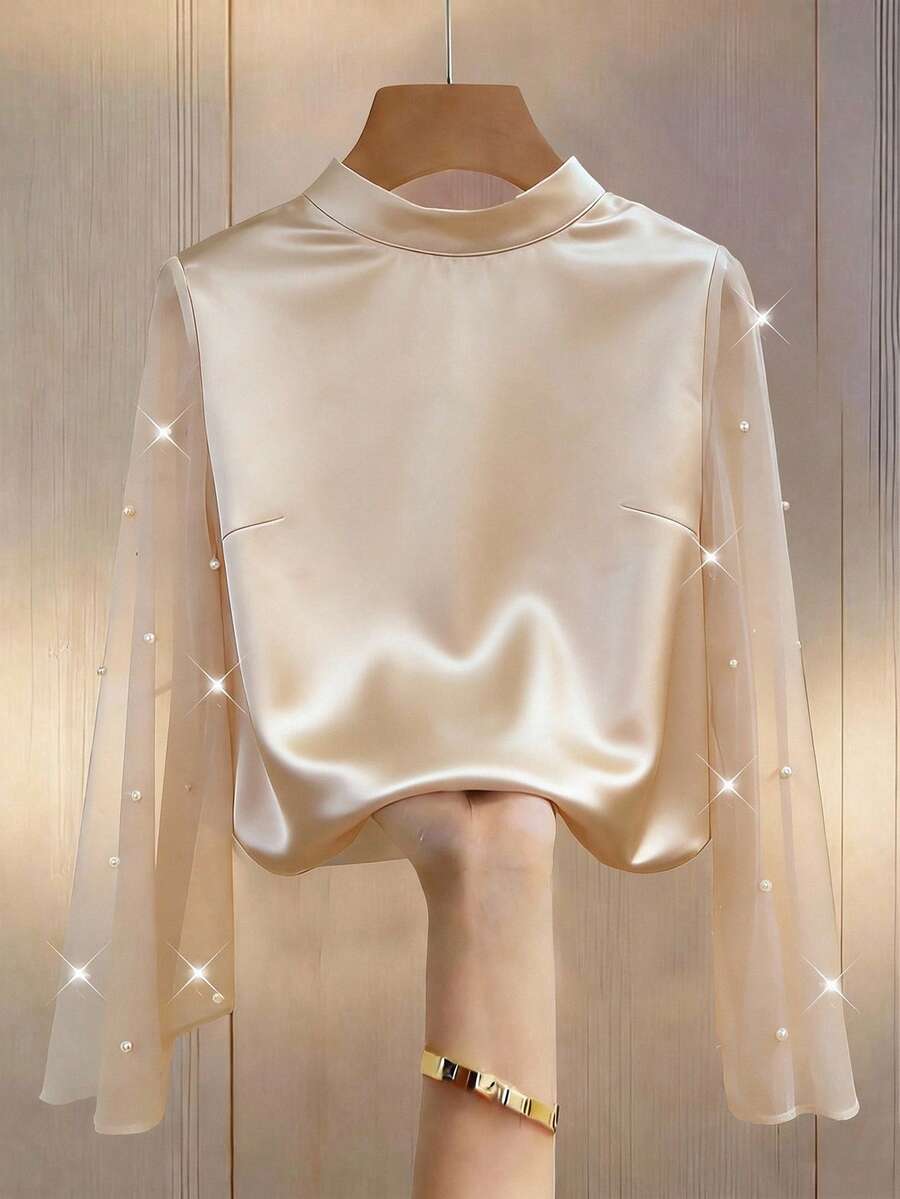SHEIN Franclia 女士极简珍珠串珠套头衫 - 杏色 - 查看 1