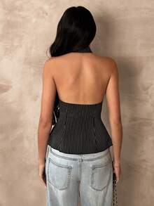 Glamine Áo kiểu nữ không tay cổ đứng, thắt nơ phía trước, kẻ sọc đen trắng, thời trang, gợi cảm, ôm dáng, đa năng cho công sở, đi làm hoặc chụp ảnh. - Đen và trắng - Xem 6