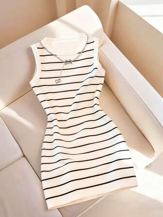 Resyla Vestido de mujer de cuello redondo ajustado sin mangas con estampado de rayas, primavera/verano