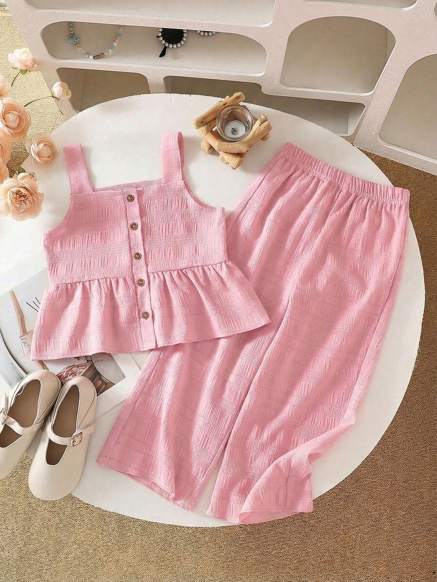 SHEIN Genkimix Kids 2pcs Girls (Small) Casual Textured Fabric Camisole & Wide Leg Pants Set, Pink Comfortable & Fashionable Outfit - Pink - View 1