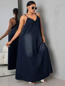 SHEIN Mono de mezclilla lavado de moda para mujer de talla grande - Azul lavado oscuro - Ver 5