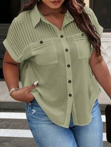 Breezaya Plus Size Solid Color Patch Pocket Front Button Casual Short Sleeve Shirt - Mint Green - View 3