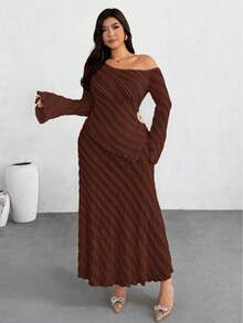 Firerie Plus Size Oblique Shoulder Long Sleeve Casual Fashion Flare Sleeve 2 Pieces Set - Coffee Brown - View 5