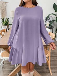 SHEIN Essnce Plus Size Women's Autumn And Winter Casual Loose Long-Sleeved Khaki Dress,Fall Short Dress,Fall Women Outfits,Office Wear,Work Women Dresses,Homecoming ,Teacher Clothes,Curv Dress - Lilac Purple - View 3