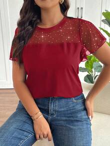SHEIN Frenchy T-shirt transparent à encolure ronde, empiècement en maille et volants, grande taille - Rouge foncé - Voir 4