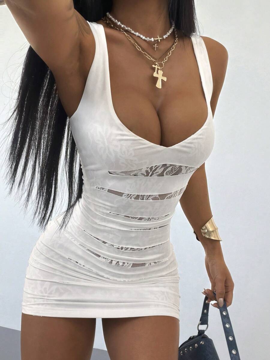 SHEIN HypeZone Women's Ripped Hollow-Out Contrast Lace Sleeveless Dress, Sexy Style For Spring/Summer - White - View 1