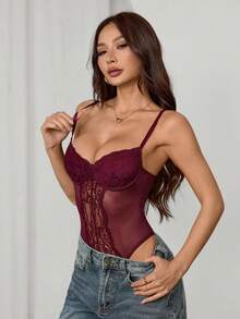 SHEIN PETITE Sexy & Elegant Women Lace Patchwork Camisole Bodysuit