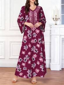 Al Najma 女士花卉图案数码复古印花V领长袖优雅阿拉伯风格长款连衣裙，春夏款 - 彩色 - 查看 3