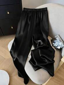 SHEIN PETITE CURVE 大码女式亮面休闲直筒裤，简约风格，适合通勤和日常穿着 - 黑色 - 查看 2