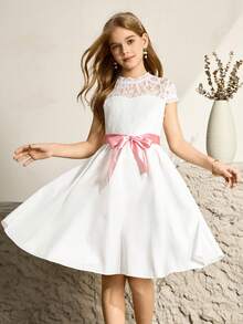 Vestido de Manga Curta com Gola Redonda, Renda Tule e Recortes Florais para Meninas Pré-Adolescentes, Elegante e Ideal para Festa e Celebração - Branco - Visão 6