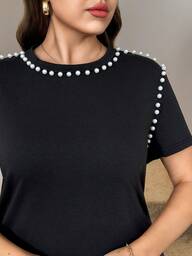 SHEIN LUNE Plus Size Women Summer Casual Pearl Decor Round Neck Dress Summer Dress Summer New Pearl Decor Round Neck Pearl Short Sleeve Black Long T-Shirt Dress, Suitable For Casual Daily Wear Teacher Outfits For Women Airport Outfit For Women Women Summer Clothes Black Dress With Pearls Casual Black Dress Short Sleeve Black Dress Tshirt Dress Black T-Shirt Dress With Pearls Casual Black Mini Dress Cotton T-Shirt Dress Black Tshirt Dress Pearl Embellished Dress Cotton Tshirt Dress Back To School Clothes T Shirt Dress Pearl Decoration Summer Women'S Clothing, St. Patrick'S Day Costumes, Easter Summer Clothing, Spring Women'S Clothing. Black Dress Vacation Outfits Women,Summer Vacation Outfits Elegant Dress Party Dress,Elegant Dresses For Party Valentine Outfits For Women Spring Outfit Women Pearl Shirt Tops For Women Elegant Studded Top Pearl Top Rhinestone Shirt Black Pearl Shirt