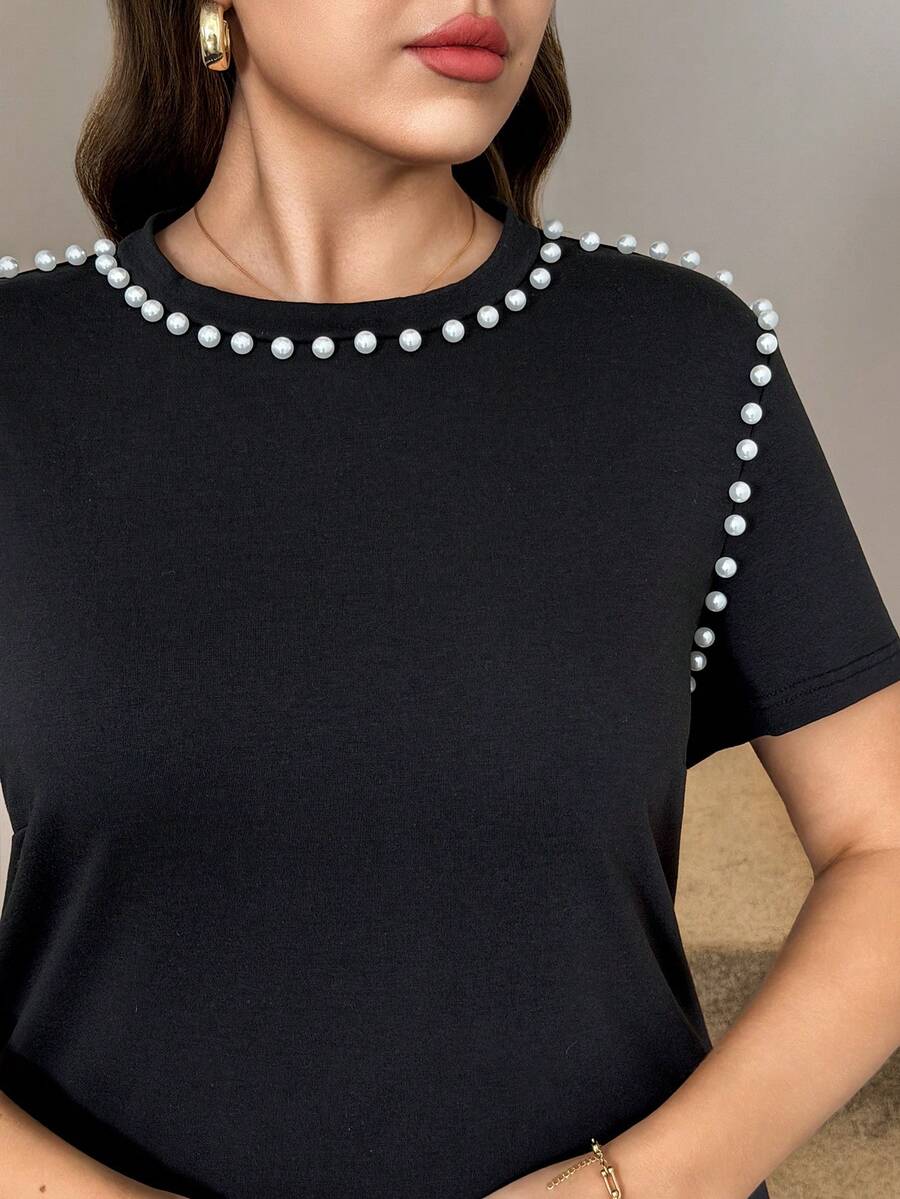 SHEIN LUNE 大码女式夏季休闲珍珠装饰圆领连衣裙