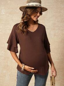 SHEIN Women's Brown Maternity Summer Casual T-Shirt,Bohemian V-Neck Short-Sleeved Ruffled Loose Tops,Babyshower Coffee Brown Shirt Wear - Coffee Brown - View 8