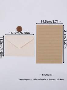 16pcs/Set Vintage Stationery Paper Envelope Set Including 3 Linen Envelopes, 10 Writing Papers, And 3 Sticker Sets With Alphabets Suitable For Invitation Card, Gift Card And Letter Writing - Apricot - View 2