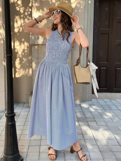 Solivie Women's Casual Commuter Striped Sleeveless Dress, Summer Round Neck Sleeveless Cinched Waist Ruched A-Line Midi Dress, Striped Cotton Fabric, Casual Resort Elegant Streetwear For Women Business Casual Woman Light Blue Maxi Dress Denim Maxi Dress