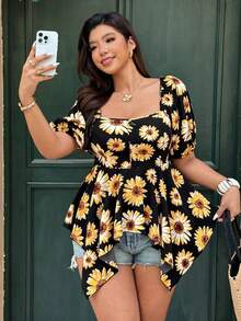 Ceyna Plus Size Elegant Sunflower Print Shirt, Spring/Summer - Black - View 4