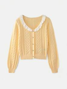 lacRébo 奶油黄色纹理针织开衫，带荷叶边蕾丝领和宝石纽扣 - 淡黃色 - 查看 7
