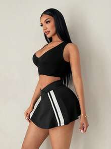 SHEIN SXY Women's Asymmetric Waist Patchwork Casual Versatile Daily Wear Mini Skirt,Carnival,Party,Rave Outfit ,Summer, Spring,Beach,Going Out,Vacation,Y2K,Black - Black and White - View 9