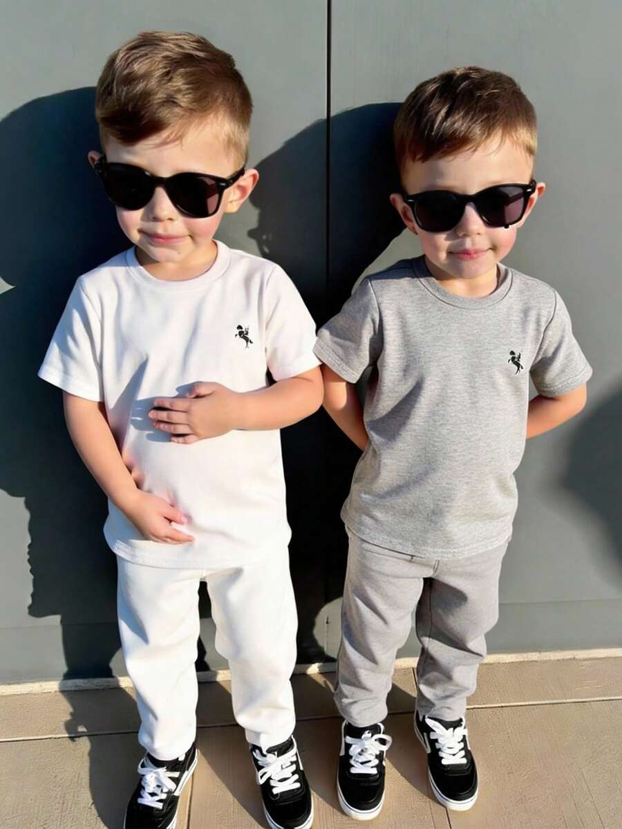 SHEIN Bộ 4 món/Bộ quần áo thun cổ tròn và quần dài dệt kim in chữ màu kaki & trơn thoải mái dành cho bé trai, phù hợp với trang phục trẻ em, quần áo bé trai, trở lại trường, tiệc tùng, đám cưới, trang phục hàng ngày, mùa xuân & mùa hè - Nhiều màu - Xem 1