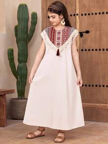 Tween Girl Spring/Summer Casual Vacation Retro Pattern Woven Jacquard Patchwork Loose Long Woven Solid Color Apricot Khaki - Apricot - View 3