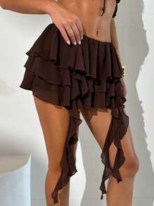 Aloruh Women's New Arrival Spring/Summer Low Waist Ruffle Hem Bohemian Style Jellyfish Flounce Mini Skirt, Brown - Brown - View 6