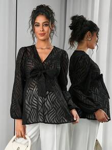 Momance 孕妇灯笼袖上衣，V领，双层设计，前襟蝴蝶结系带，A字下摆，提花织物