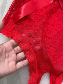 SHEIN Bộ 2 món đồ lót ren thắt eo kiểu dáng Valentine, áo liền quần. - Đỏ - Xem 3