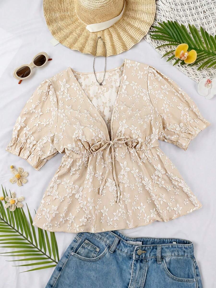 Sweetra Camisa sencilla con textura jacquard para mujer de talla grande - Albaricoque - Ver 1
