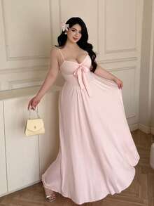 Flirla Plus Size Women Elegant Solid Color Knotted Camisole Dress - Pink - View 1
