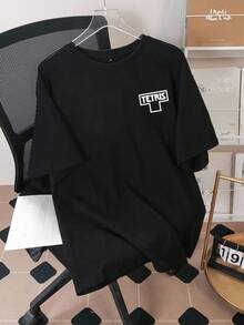 Tetris™ X SHEIN 男士休闲字母图案圆领短袖T恤，夏季 - 黑色 - 查看 2