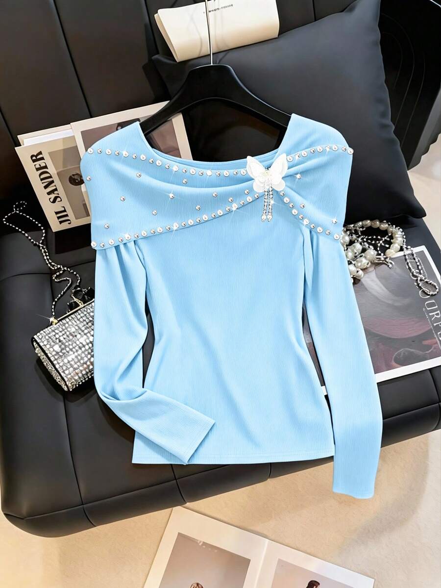 GlowEve CURVE 大码串珠水钻装饰露肩长袖T恤 - 藍色 - 查看 1