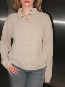 Turnttoni Funnel Neck Fluffy Knit Long Sleeve Cardigan Classy Cute Sexy Streetwear Fall Autumn Night Out Winter Thanksgiving Chic - Khaki - View 3