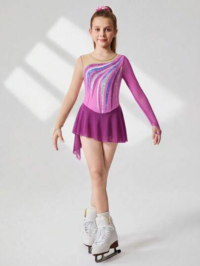 SHEIN Tenue de patinage artistique pour préadolescentes, imprimé floral fuchsia, élégamment décorée de strass étincelants, manches longues, jupe ajustée en maille, confortable et pour la compétition et l'entraînement