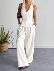 SHEIN EZwear Summer Old Money Women's Fashion White Woven Halter Backless Suit Set - White - View 5