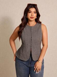 Elaquor Kariertes figurbetontes Blusentop mit Rundhalsausschnitt und ohne Ärmel in Große Größen - Kamelfarben - Übersicht 4