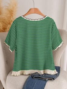 SHEIN Cosyjoi Plus Size Women's Casual Striped Loose Fit Round Neck T-Shirt, Versatile For Summer - Green - View 2