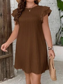 SHEIN Frenchy Plus Size Solid Color Minimalist Daily Wear Round Neck Cap Sleeve Dress - Coffee Brown - View 5