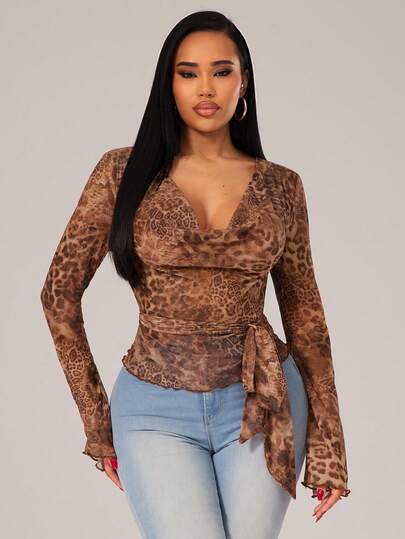 Radiana Women's Sexy Elegant Casual Mesh Leopard Print Blouse, Fierce Leopard Print Changeable Blouse, Sheer Mesh Top, Long Sleeve Blouse, Plunging Neckline Draped Blouse, Flare Sleeve Blouse, Everyday Casual Streetwear Top
