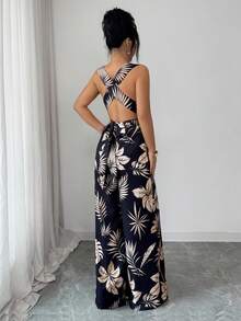 Rafferiza Bộ jumpsuit kaki dáng suông, cổ chữ V, hở lưng, in họa tiết lá cây, cổ xếp ly, màu kaki, thích hợp cho kỳ nghỉ hè, dành cho nữ. - Nhiều màu - Xem 3