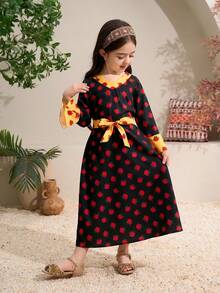 Vestido Floral Elegante de Menina Jovem com Gola Dourada em Forma de Flor e Mangas Sino - Preto - Visão 6