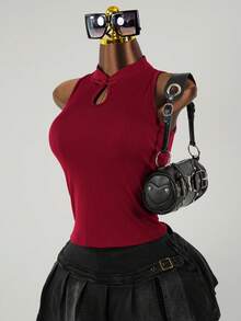 SaltGleam SaltGleam 中式旗袍风格镂空罗纹无袖修身背心，夏季 - 紅色 - 查看 5