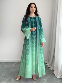 SHEIN Najma 女士几何图案绿色渐变印花长袖休闲阿拉伯风格套装，春秋季 - 彩色 - 查看 4