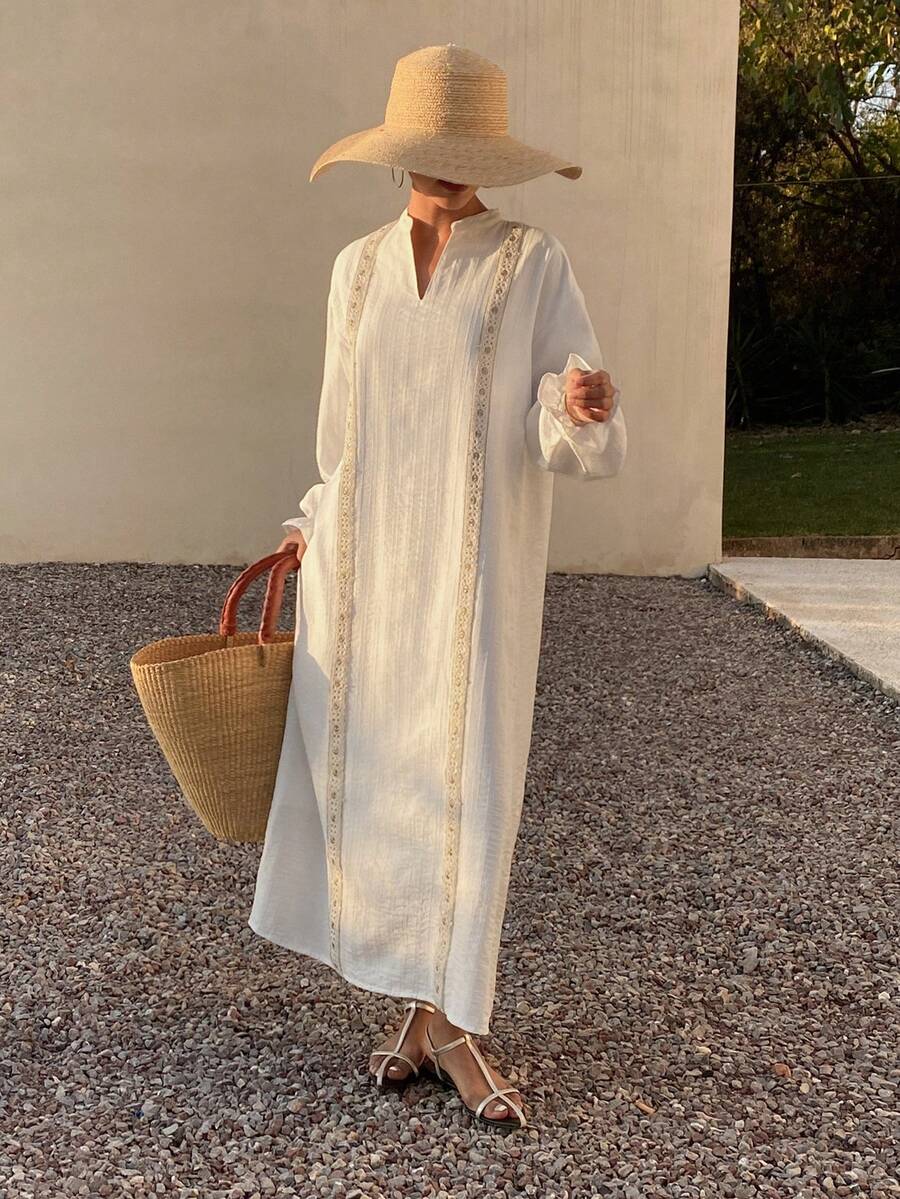 DAZY Đầm midi dáng rộng cổ chữ V thoải mái cho nữ, thích hợp cho kỳ nghỉ, lễ hội hoặc các dịp lễ hội. - Màu be - Xem 1