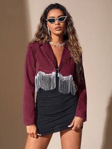 SHEIN BAE Áo khoác denim lửng tua rua đính sequin thời trang dự tiệc phong cách Y2K - Màu Đỏ Sâu - Xem 2