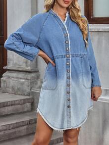 Breezaya 女士休闲渐变前扣毛边牛仔连衣裙，秋季 - 藍色 - 查看 4