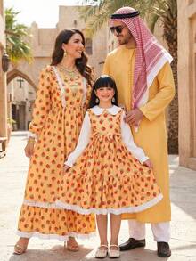 Robe à manches longues col rond pour filles avec poignets élastiques, imprimé numérique rose orange, ourlet plissé avec dentelle, style casual, polyvalent et mode princesse - Jaune citron - Voir 9