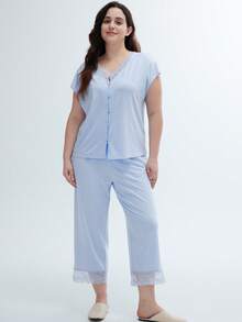 LUVLETTE Super Soft TENCEL™ Modal Lace Insert Long Women Airy Pajama Set Lounge Sets For Women Sky Blue Lingerie - Baby Blue - View 5