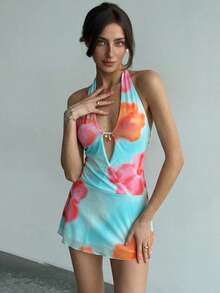 Aloruh Đầm ôm sát ngắn hở lưng cổ chữ V sâu, họa tiết hoa vàng nhuộm tie-dye, phong cách nghỉ mát châu Âu và Mỹ mùa hè tươi mới. - Màu xanh lam - Xem 3